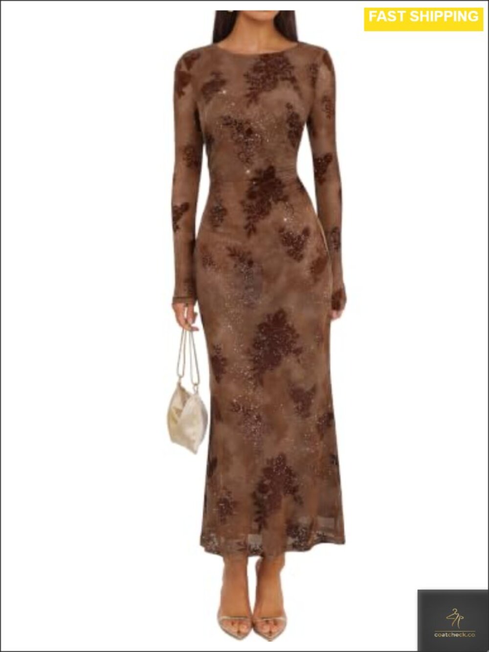 Floral Mesh Maxi Dress Long Sleeve Ruched Sequin Formal Cocktail